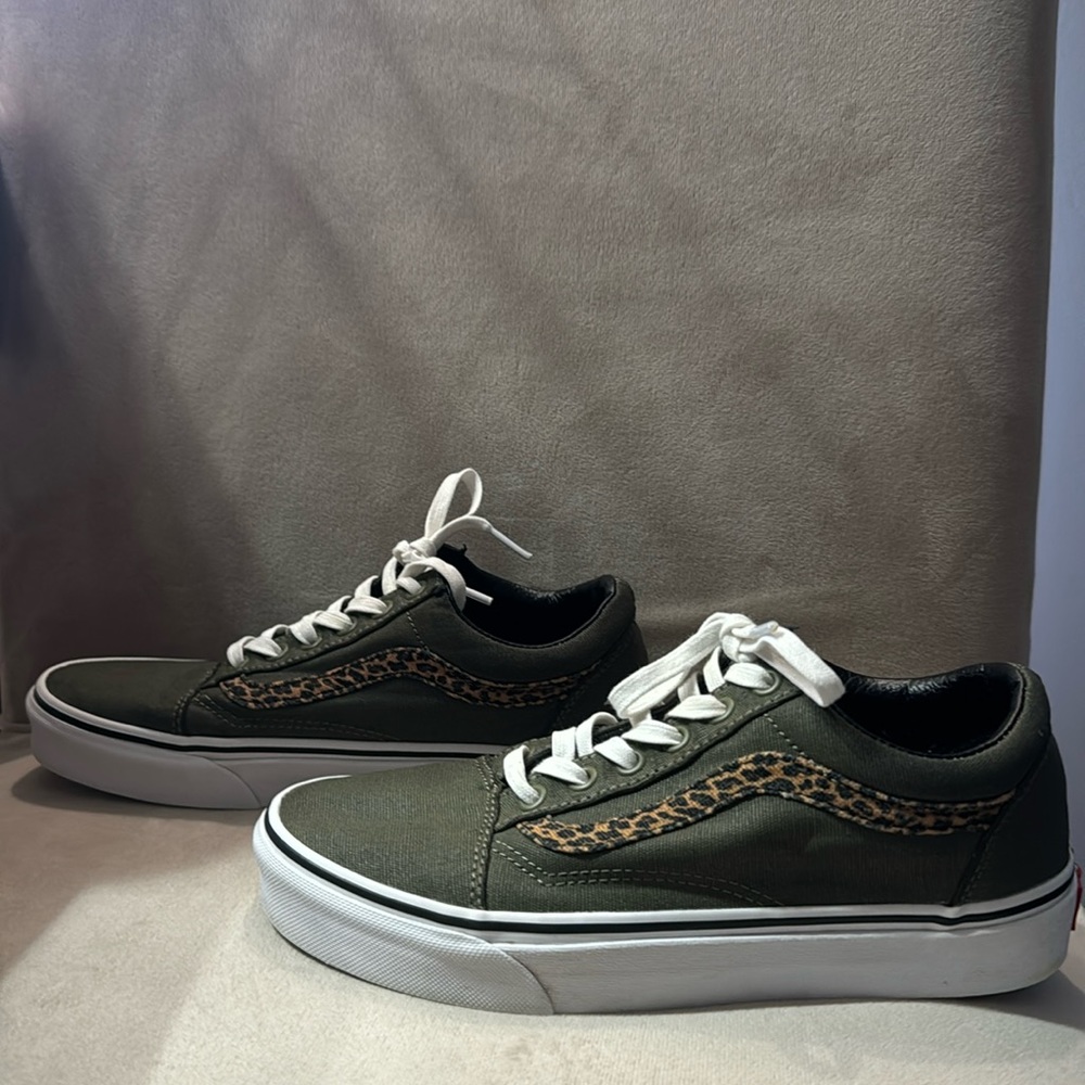 Vans Olive Green Sneakers with Leopard Stripe